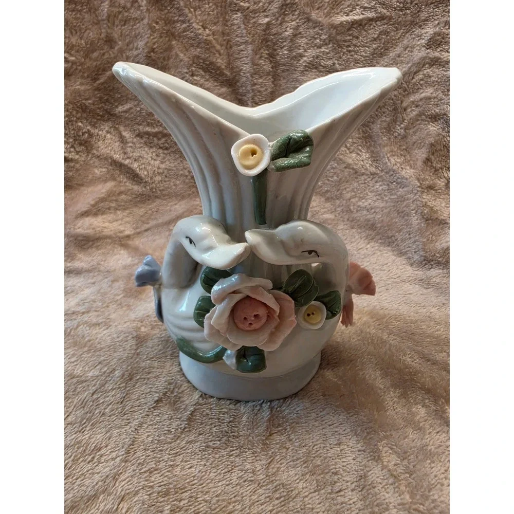 Vintage Porcelain Double Swan Vase with 3D Pink Rose Floral Accents Ceramic